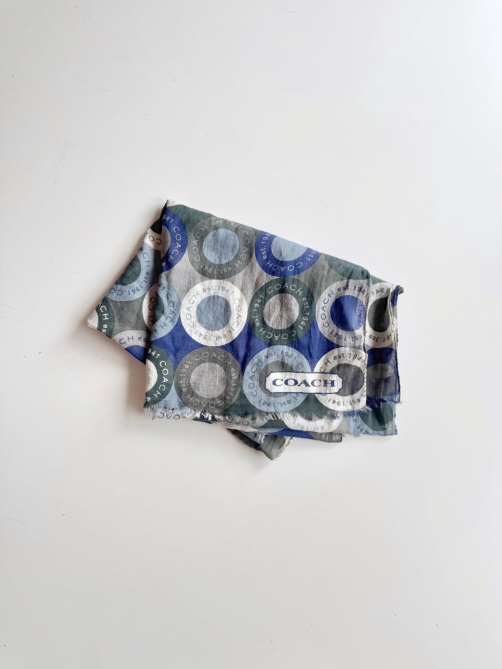 COACH Blue Grey Green Circle Logo Motif Cotton Voile 68" x 20" Rectangle Scarf